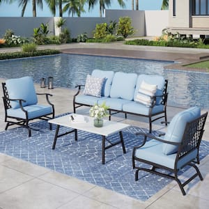 Metal 5 Seat 4-Piece Steel Outdoor Patio Conversation Set With Rocking Chairs,Blue Cushions and Marble Pattern Table