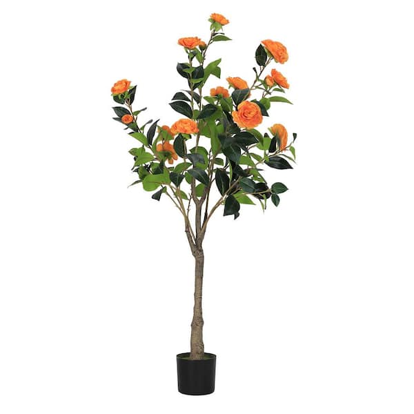 4ft Artificial Pink Camellia Tree With 9 Inch White Planter, Tall Fake Camellia Trees With Pink Flowers, Faux Camellia Silk Plants For Indoor, Large Plants For Home Decor
