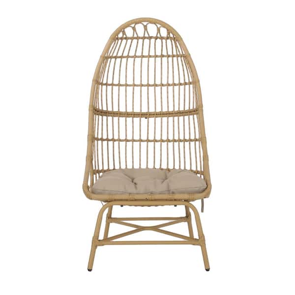 Zeus & Ruta Light Brown Wicker Iron Patio Outdoor Lounge Chair, Egg Chair with Brown Cushion For Patio, Balcony, Bedroom