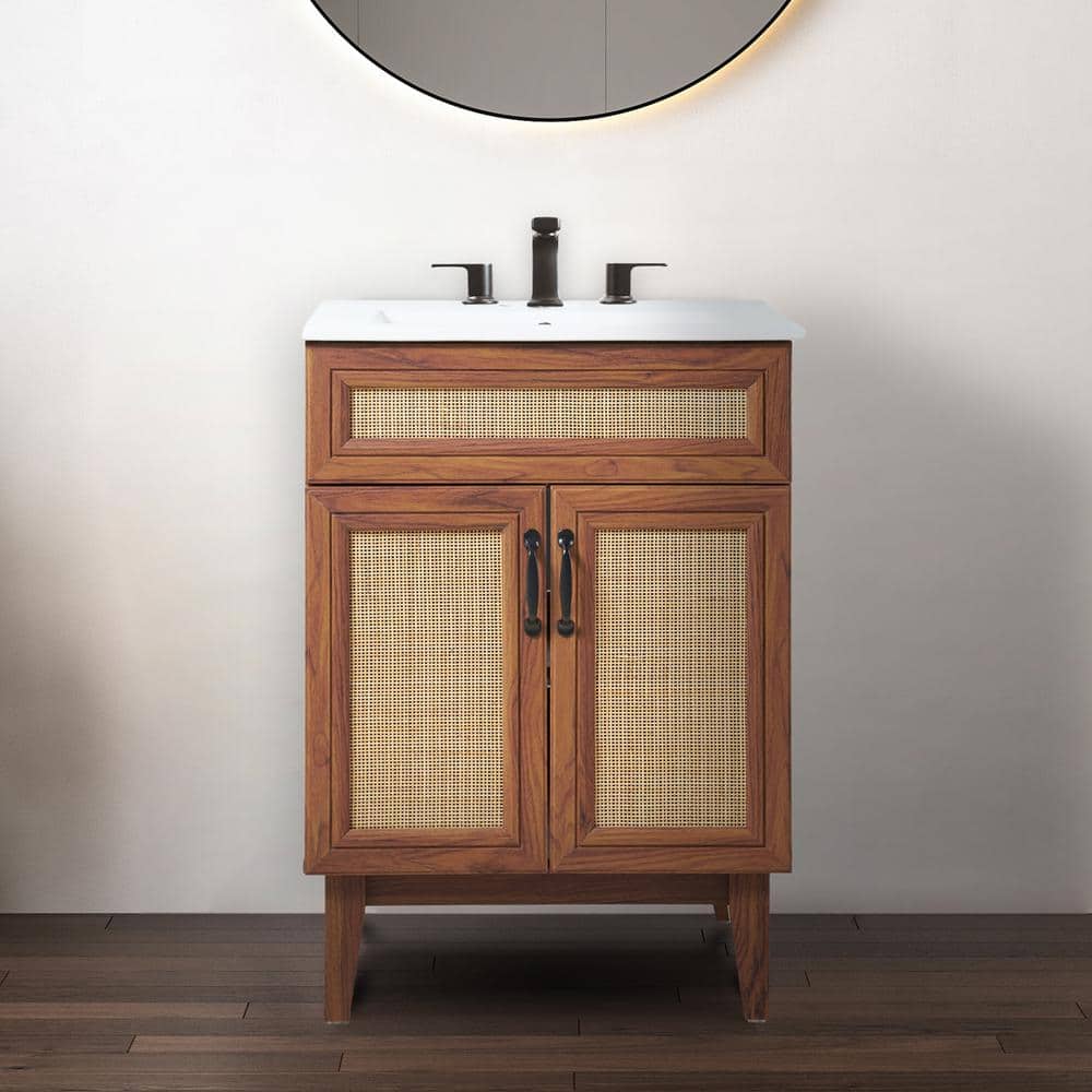 Javer 24" Walnut Rattan 2-Shelf Bath Vanity Cabinet
