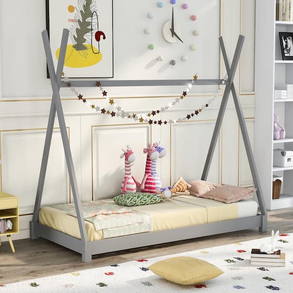 Polibi Gray Wood Frame Twin Size House Platform Bed with Triangle Structure