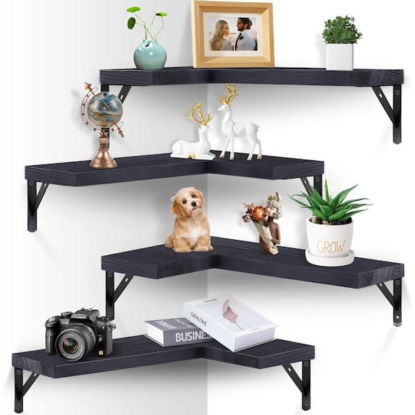 Aoibox 16 in. W x 11.4 in. D 4-Set Black Wood Floating Corner Decorative Wall Shelves