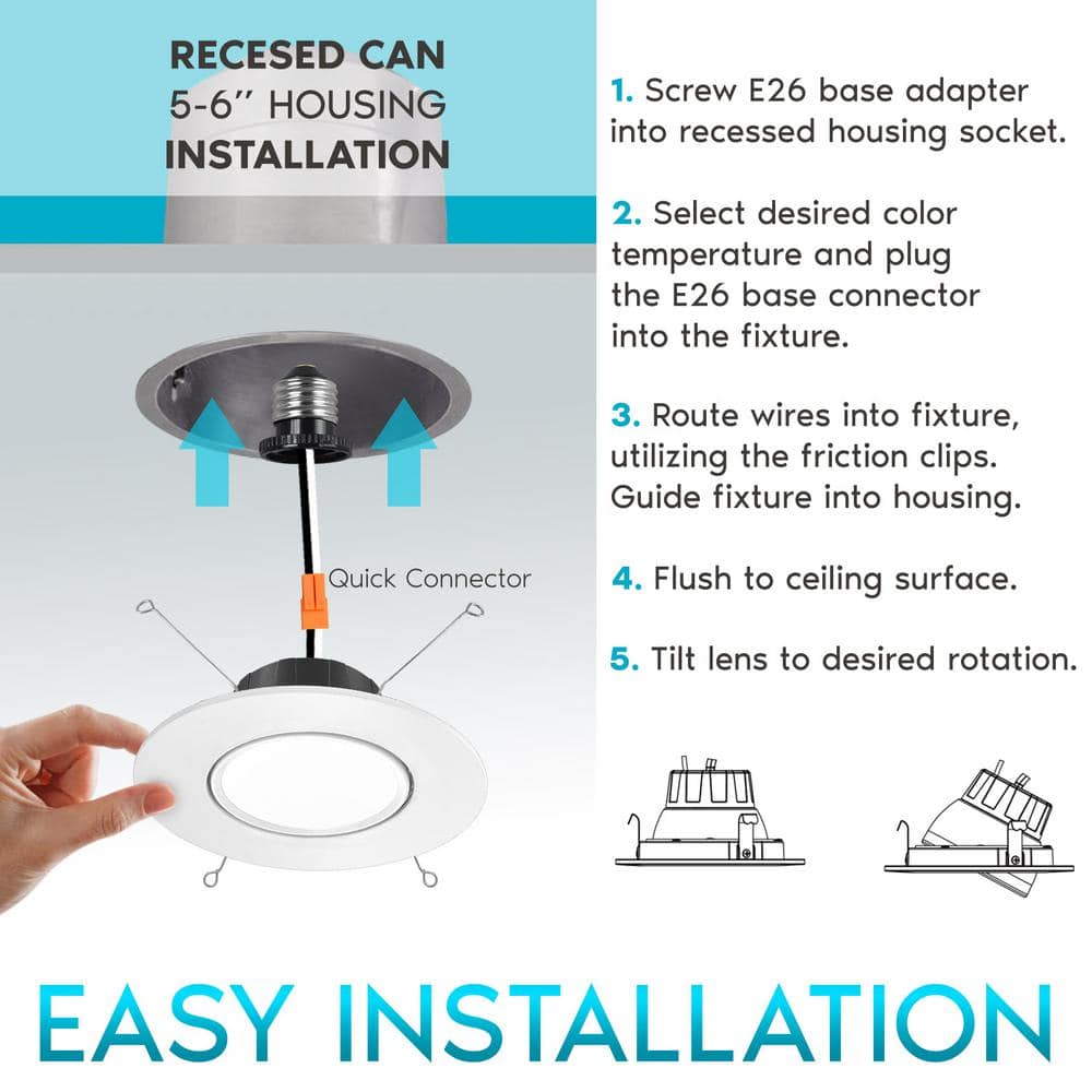 Sleek 5"/6" Selectable CCT LED Recessed Lighting Kit with Tilt and Rotate