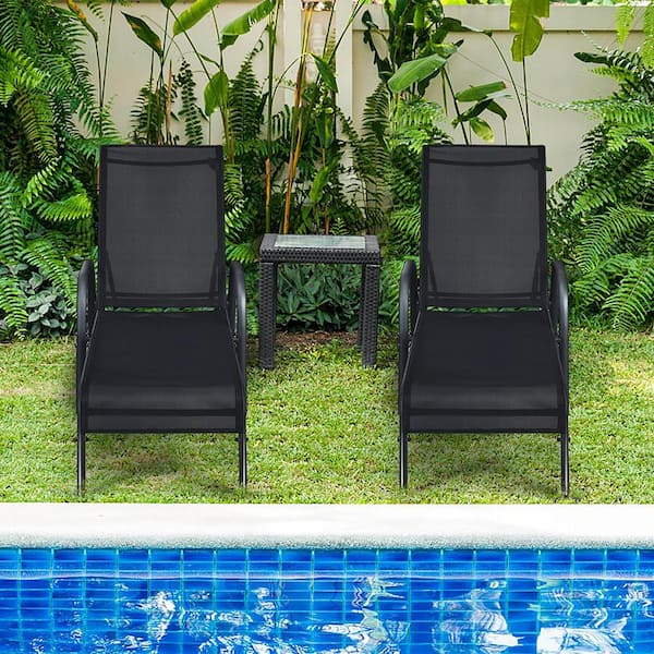 2-Pieces Metal Outdoor Chaise Lounge Fabric Adjustable Reclining Armrest Black
