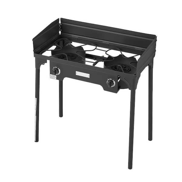 2 Burner Outdoor Propane Gas Stove, 150,000 BTU LPG Camping Cooker, Durable Carbon Steel with Wind Shield, Tall Stand