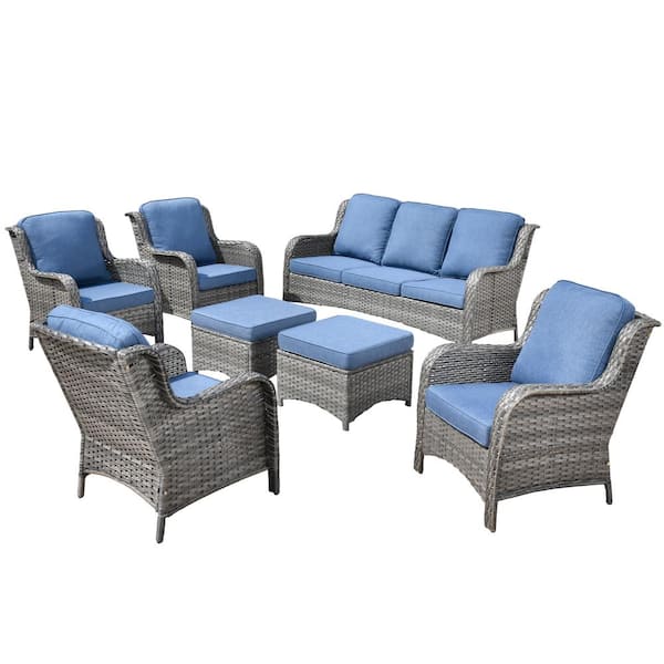 Erie Lake Gray 7-Piece Wicker Outdoor Patio Conversation Seating Sofa Set with Denim Blue Cushions