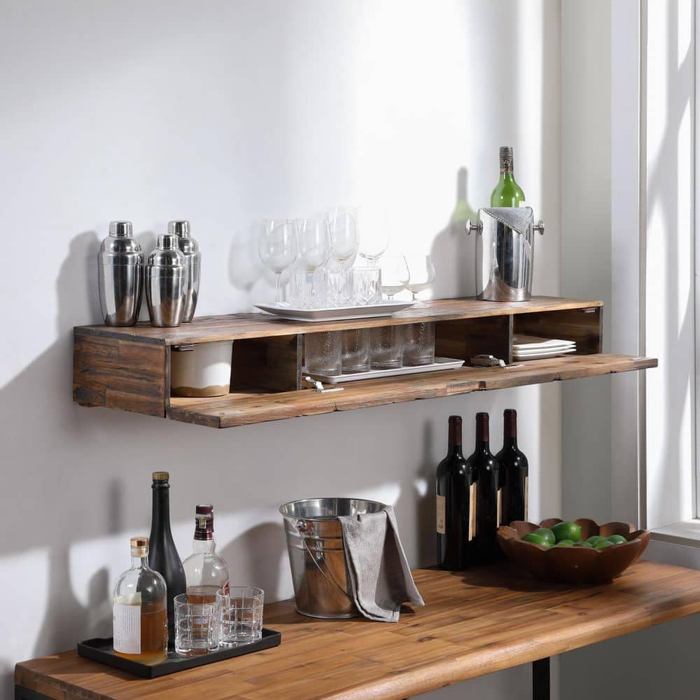 Distressed Dark Brown Acacia Wood 3-Tier Floating Shelves with Hidden Storage