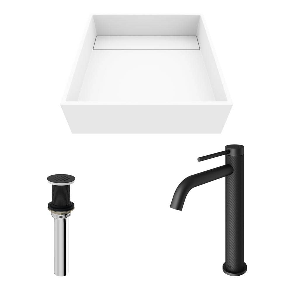 Montauk 15" White Matte Stone Vessel Sink with Matte Black Faucet
