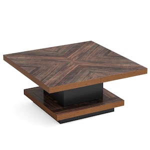 Kerlin 35in. Rustic Brown and Black Square Coffee Table 2-Tier Wood Vintage Coffee Table with Storage
