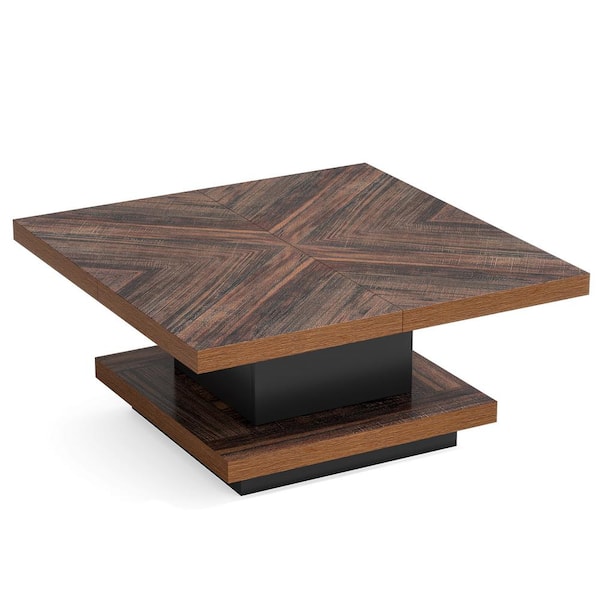 BYBLIGHT Kerlin 35in. Rustic Brown and Black Square Coffee Table 2-Tier Wood Vintage Coffee Table with Storage