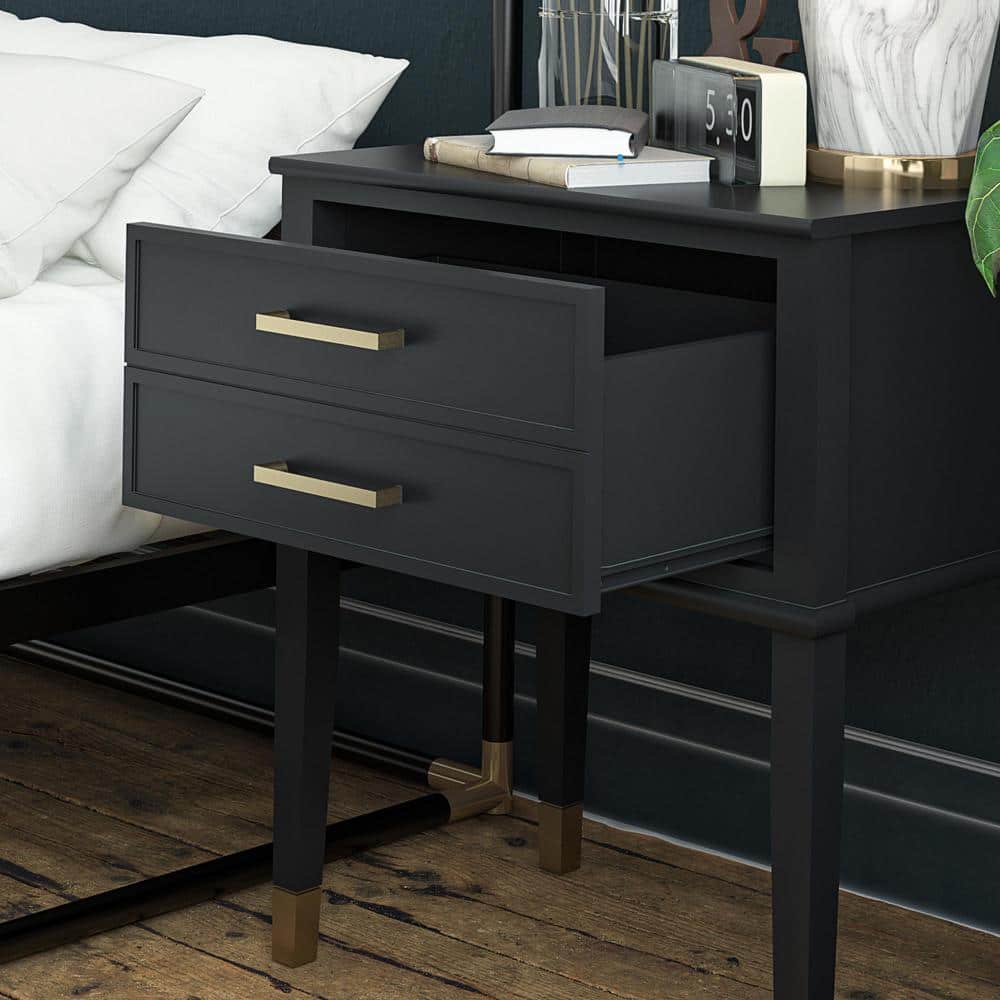 Black Wood End Table with Faux-Dual Drawer Storage