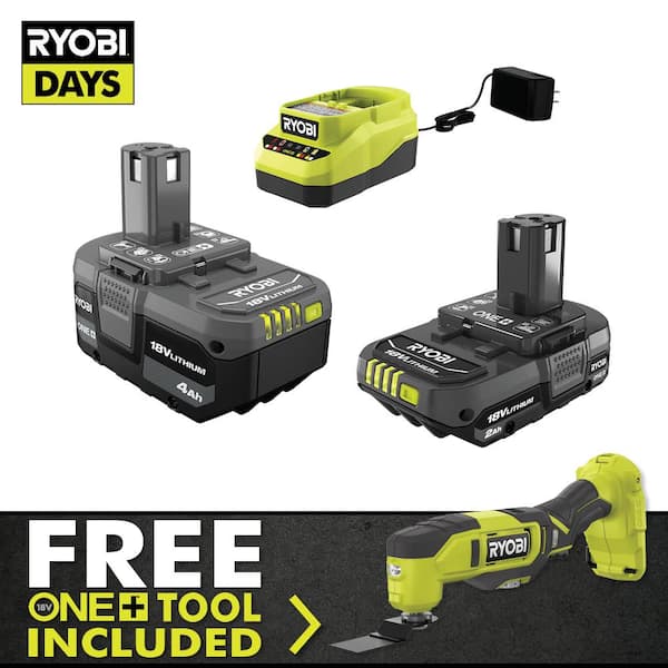 RYOBI ONE+ 18V Lithium-Ion 4.0 Ah Battery, 2.0 Ah Battery, and Charger Kit with FREE ONE+ Cordless Multi-Tool