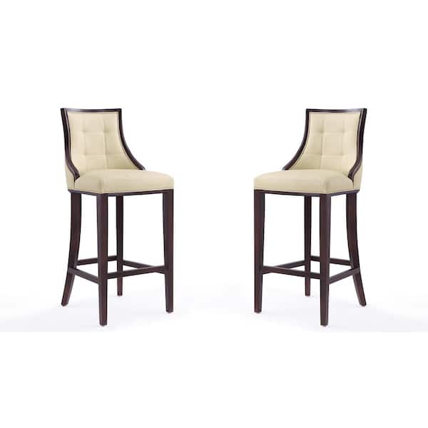 Manhattan Comfort Fifth Avenue 31.5 in. Cream and Walnut Beech Wood Bar Stool with Faux Leather Upholstered Seat (Set of 2)
