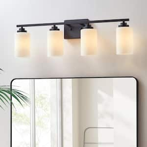 30 in. 4-Light Black Vanity Light with Frosted White Glass Shade