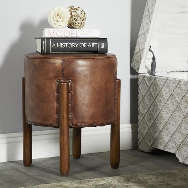 Litton Lane 20 in. Brown Handmade Teak Wood Upholstered Leather Stool with Wood Legs