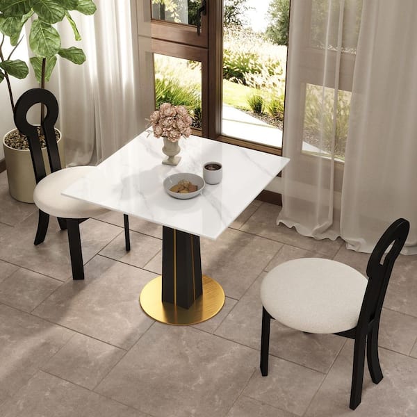 33 in. Modern Square White Sintered Stone Tabletop Dining Table with Solid Wood Pedestal (Seat 2)