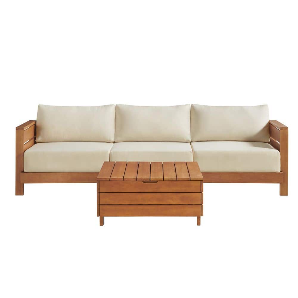 Barton Wood Outdoor Patio Couch Furniture Set - Sofa with Cream Cushions and Lift Top Storage Coffee Table price history on PriceWatchPro