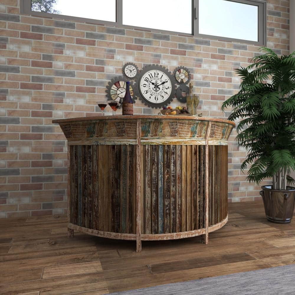 Rustic Brown Reclaimed Wood Semi-Circle Bar with Storage