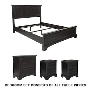 Farmhouse Basics Rustic Black Finish Queen Bed with 2-Nightstands and 1-Chest of Drawers