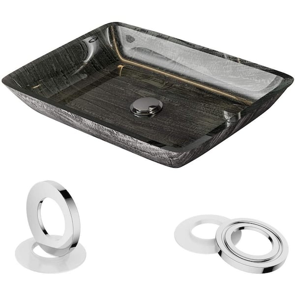 Tileon 14 in. W x 23 in. D Tempered Glass Rectangular Top Mount Bathroom Vessel Sink in Black