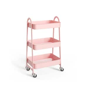 17.4 in. W 3-Shelf Pink Metal Kitchen Cart with Locking Casters