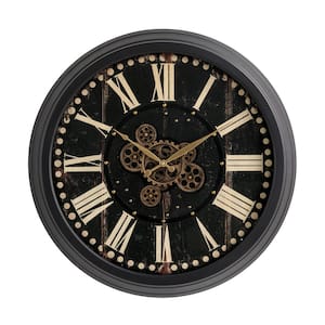 27.50 in. D Oversized Vintage Round Black Gear Clock with Tempered Glass