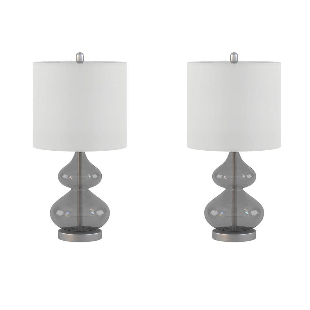 Gray Glass Table Lamp Set with White Drum Shade