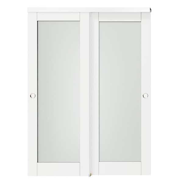TENONER 60 in. x 80 in. White, Solid Core, MDF and DIY Painted Double Frosted Glass Panel Bypass Sliding Door Aluminium Hardware