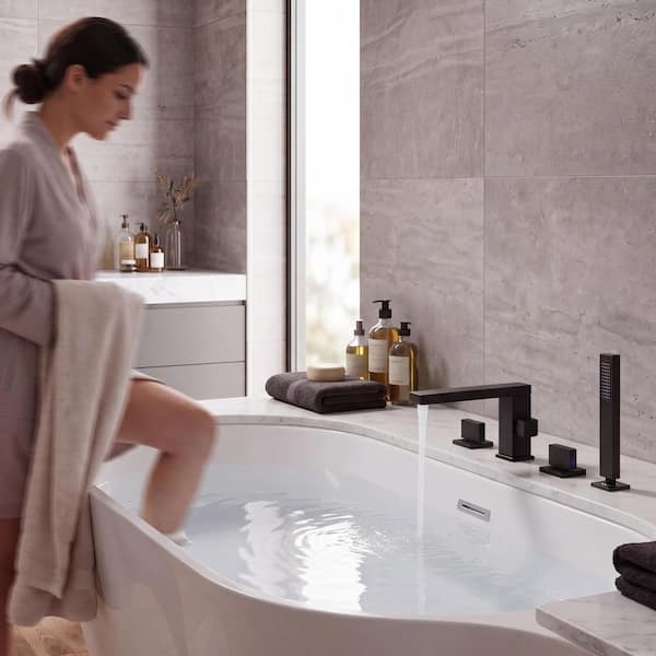 2-Handle Deck-Mount Roman Tub Faucet with Hand Shower in Matte Black