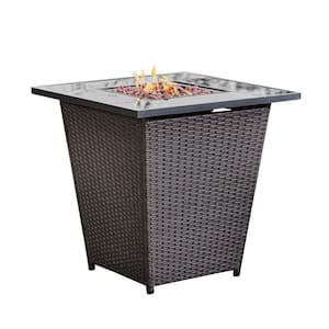 30 in. Rattan Base Tempered Glass Top Propane Firepit with Lava Rock, Metal Lid and Regulator