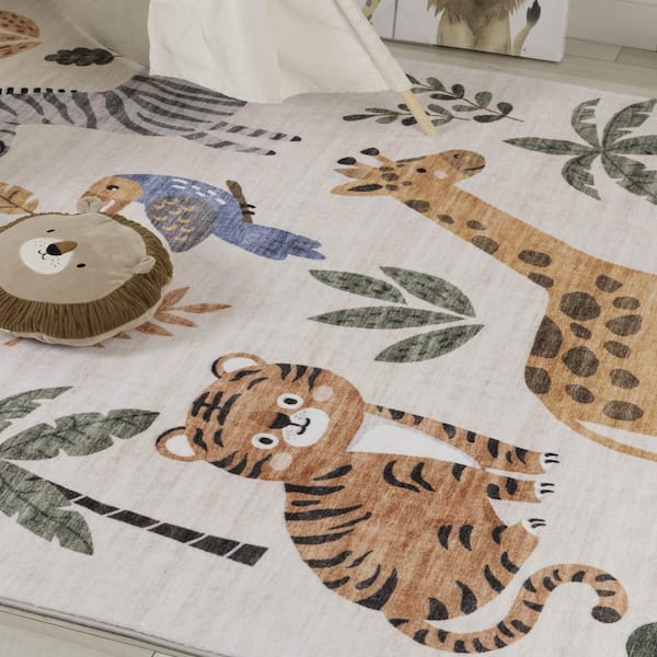 Soft Steps Playtime White Beige 4 ft. x 6 ft. Cartoon Animals, Area Rug