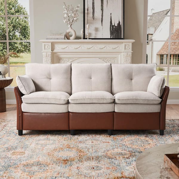 76.4 in. Wide Straight Arm Fabric Rectangle Reclining Sectional Sofa in Beige and Brown