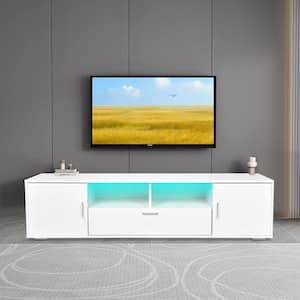 63 in. White TV Stand Fits TV's up to 75 in. with LED Lights Entertainment Center TV 2-Cabinet with 2-Storage and Drawer