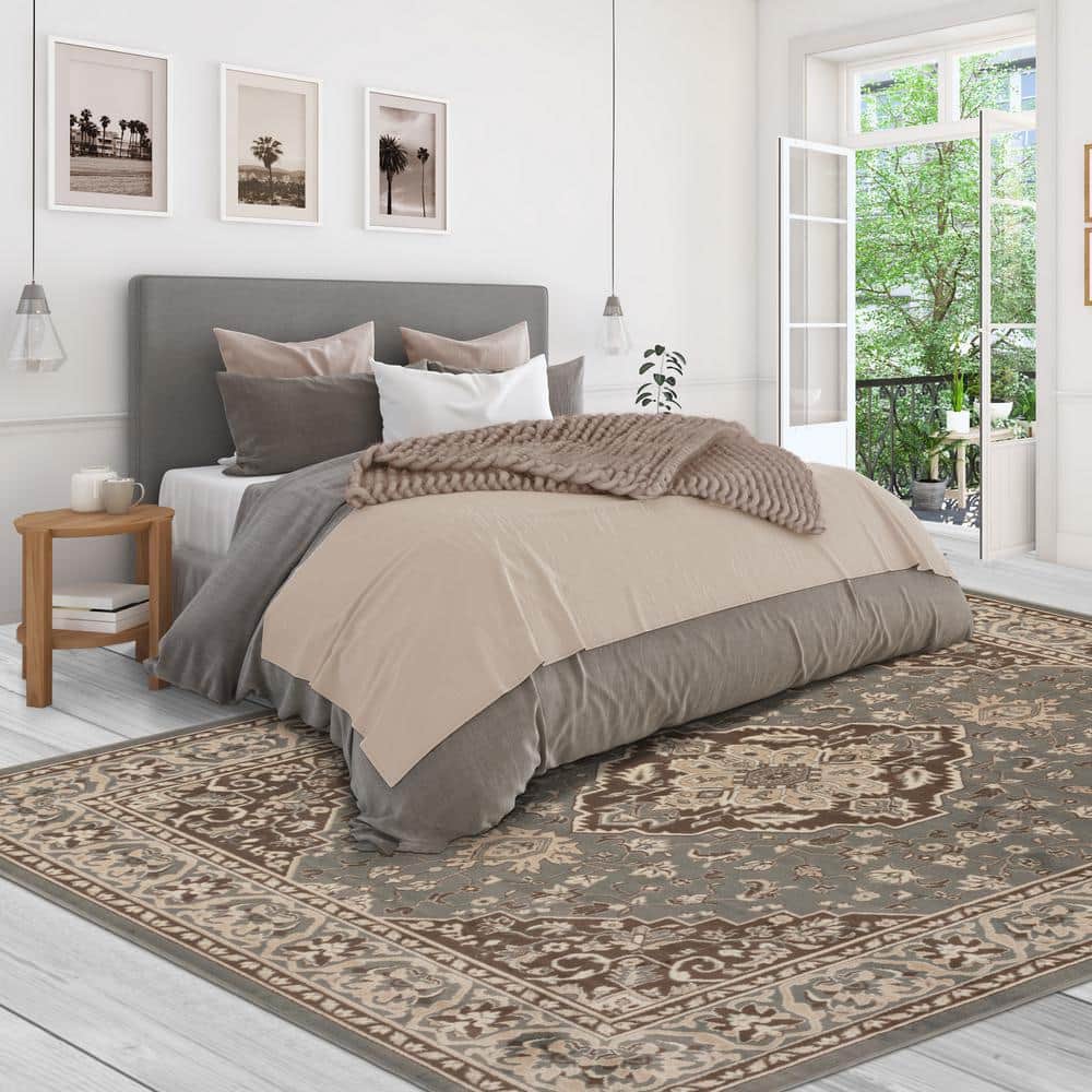 Elegant Gray Floral Medallion 7x9 ft Synthetic Area Rug