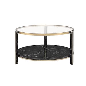 Thistle Clear Glass Faux Black Faux Marble and Champagne Round Glass Coffee Table
