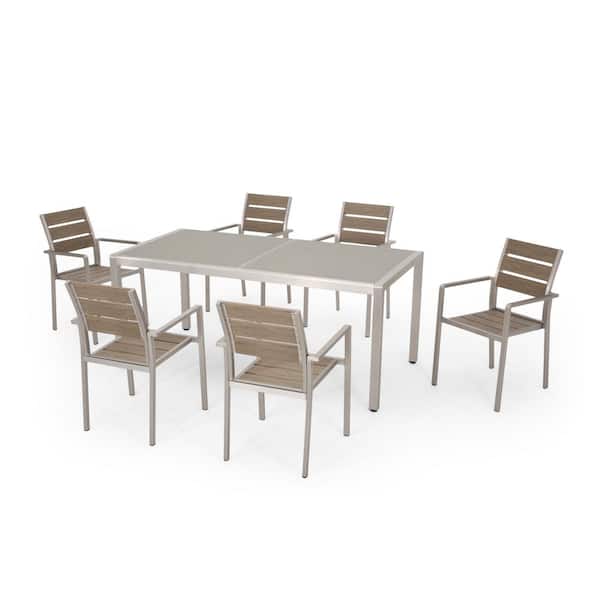 Noble House Cape Coral 30 in. Silver 7-Piece Metal Rectangular Outdoor Dining Set