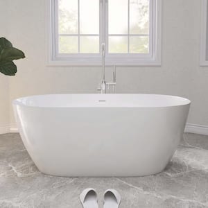 59 in. x 30 in. Acrylic Free Standing Soaking Tubs Flatbottom Oval Freestanding Bathtub with Chrome Drain in White