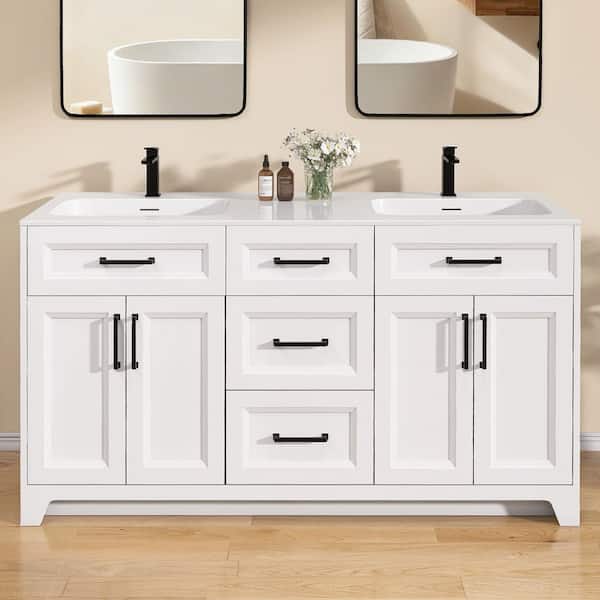 Solid Wood 60 in. Double Sink White Freestanding Bathroom Vanity Cabinet with Pure White Solid Surface Top Assembled