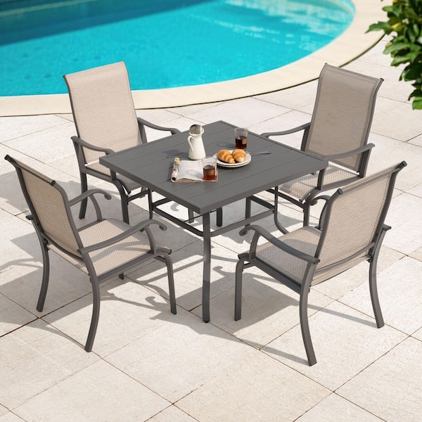 Gray 5-Piece Metal Square Outdoor Dining Set with 4 Ergonomic Textilene Chairs and 1.57'' Umbrella Hole