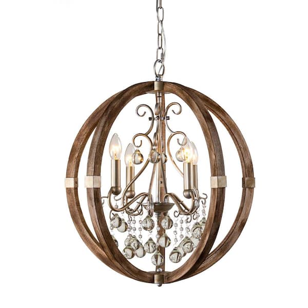 Parrot Uncle Retha 4-Light Farmhouse Natural Brown Globe Caged Chandelier with Clear Glass Crystals
