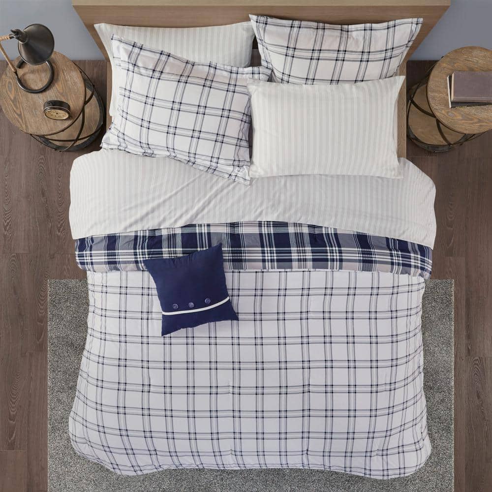 Navy Plaid Reversible Microfiber Queen Bed in a Bag Set