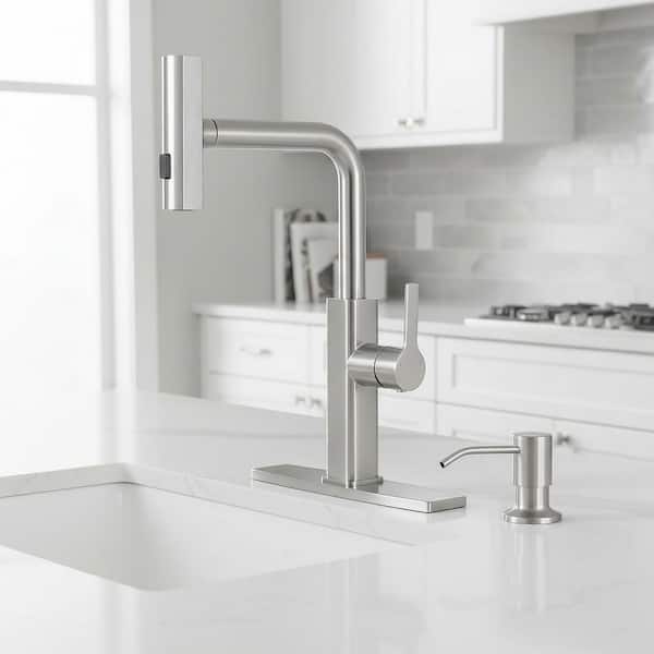 Stainless Steel Single-Handle Pull-Down Sprayer Kitchen Faucet with Soap Dispenser in Brushed Nickel