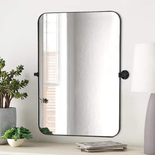 YSQCAR 24 in. W x 36 in. H Rectangular Framed Vertical Iron Wall Bathroom Vanity Mirror with Elegant Scalloped Design in Black