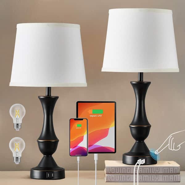 22 in. Tall Bedside Lamps USB C plus A Ports Touch Table Lamps Set of 23 Way Dimmable Black Lamp White Lampshade.