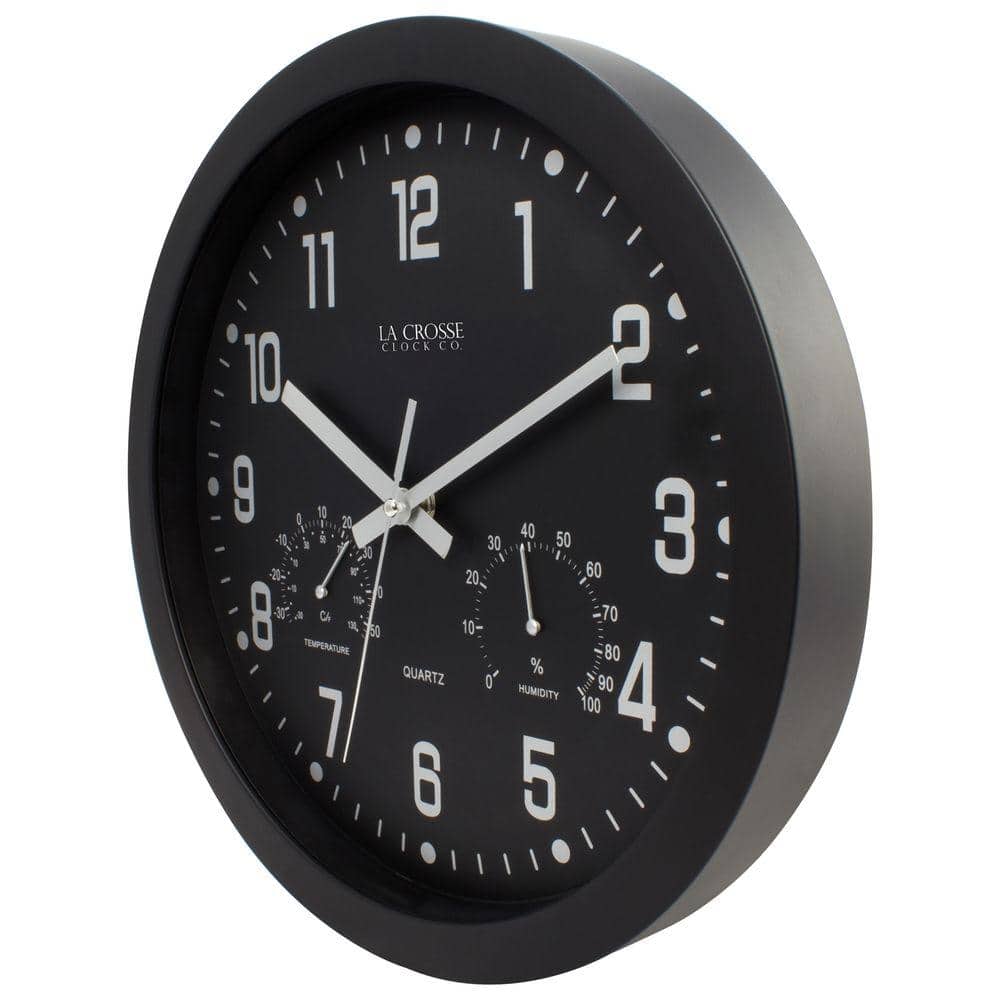 La Crosse 12'' Black Analog Wall Clock with Temperature and Humidity