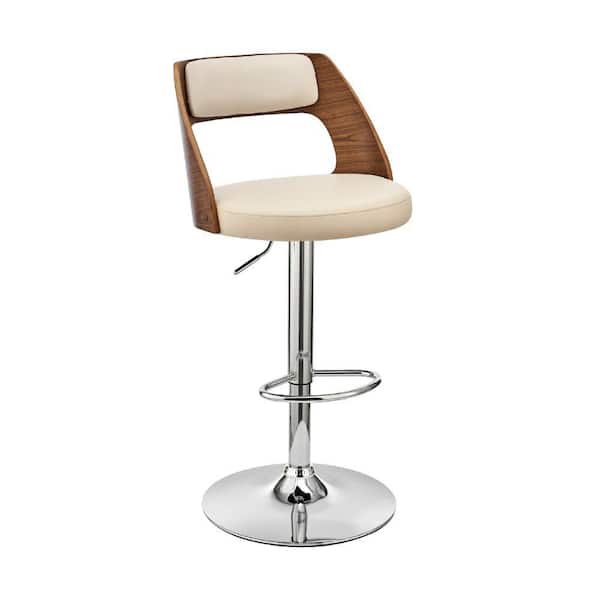 Benjara 44 in. Cream and Brown Low Back Metal and Wood Adjustable Barstool with Open Design Wooden Back