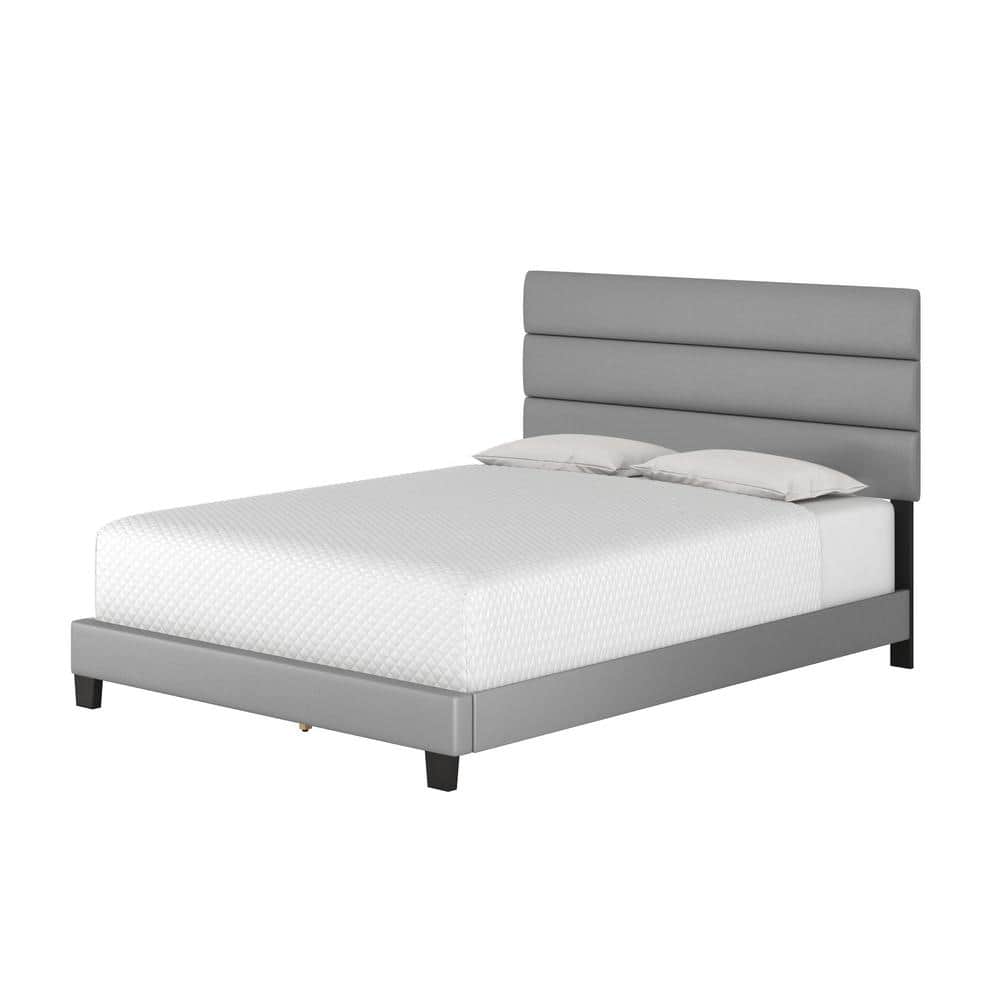 Gray Faux Leather Upholstered King Platform Bed with Tri-Panel Headboard