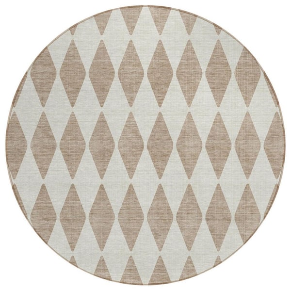 HomeRoots Taupe, Ivory 8 Round ft. Woven Geometric Polyester Round Indoor / Outdoor Area Rug