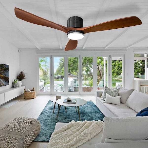 52 in. Smart Indoor Black Low Profile Standard Ceiling Fan with Solid Wood Blade APP Remote Dimmable Integrated LED
