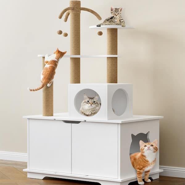 FUFU&GAGA Cat Litter Box Enclosure, Hidden Cat Washroom Kitty Litter Box Furniture, Modern Cat Litter House with Cat Tree Towe